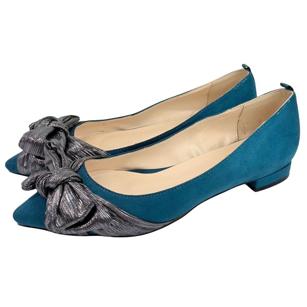 XYD Womens Size 10 Teal Pointed Toe Ballet Flats Metallic Bow Dress Shoes